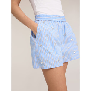 Motivi - Shorts in popeline a righe con ricami gioiello - Azzurro