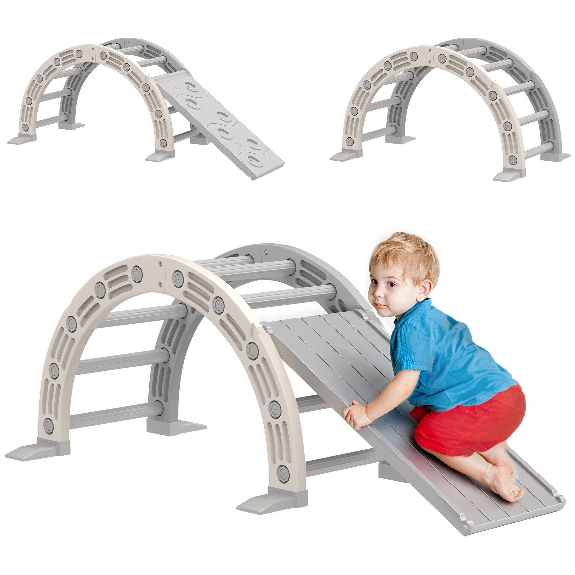 Juguete de Escalada para Niños 4 en 1 con Arco de Escalada, Mecedora, Rampa y Tobogán, Juguete de Plástico para Niños de 18-48 Meses, para Interior y Exterior, Gris y Blanco