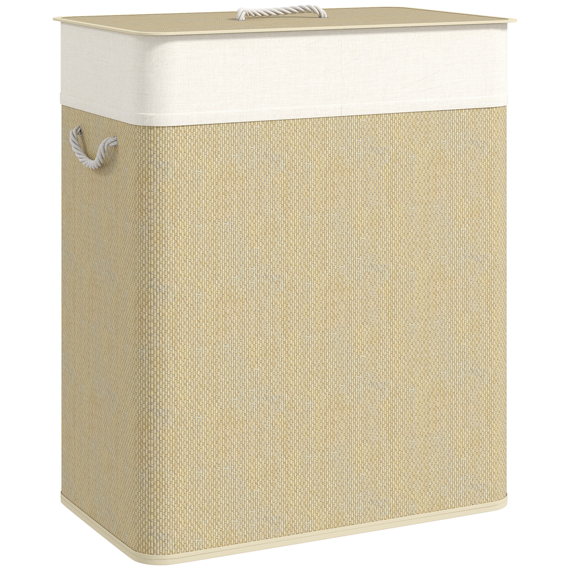 Panier à linge double 100L - corbeille à linge avec couvercle et poignées - tissage bambou écru