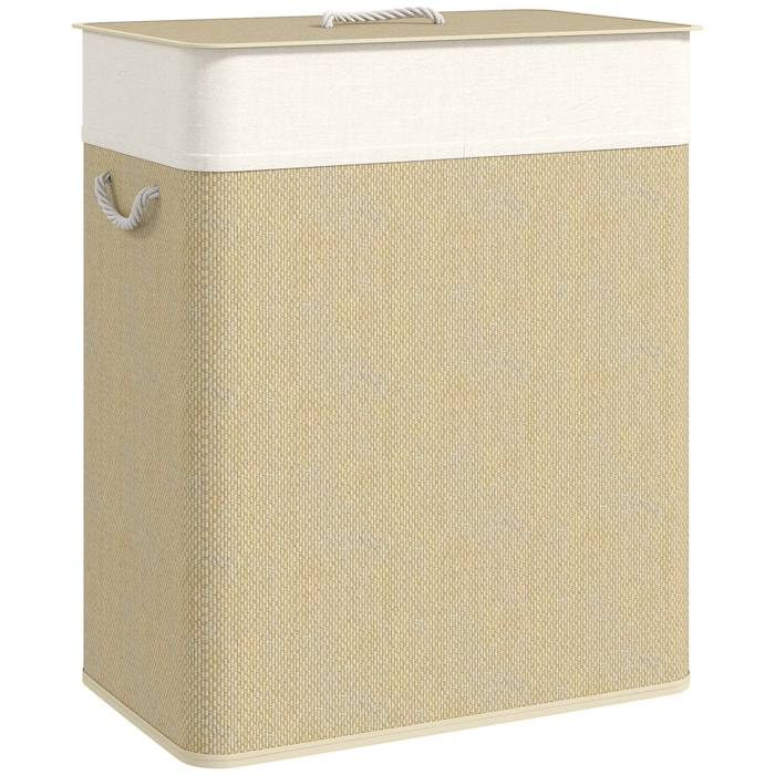 Panier à linge double 100L - corbeille à linge avec couvercle et poignées - tissage bambou écru