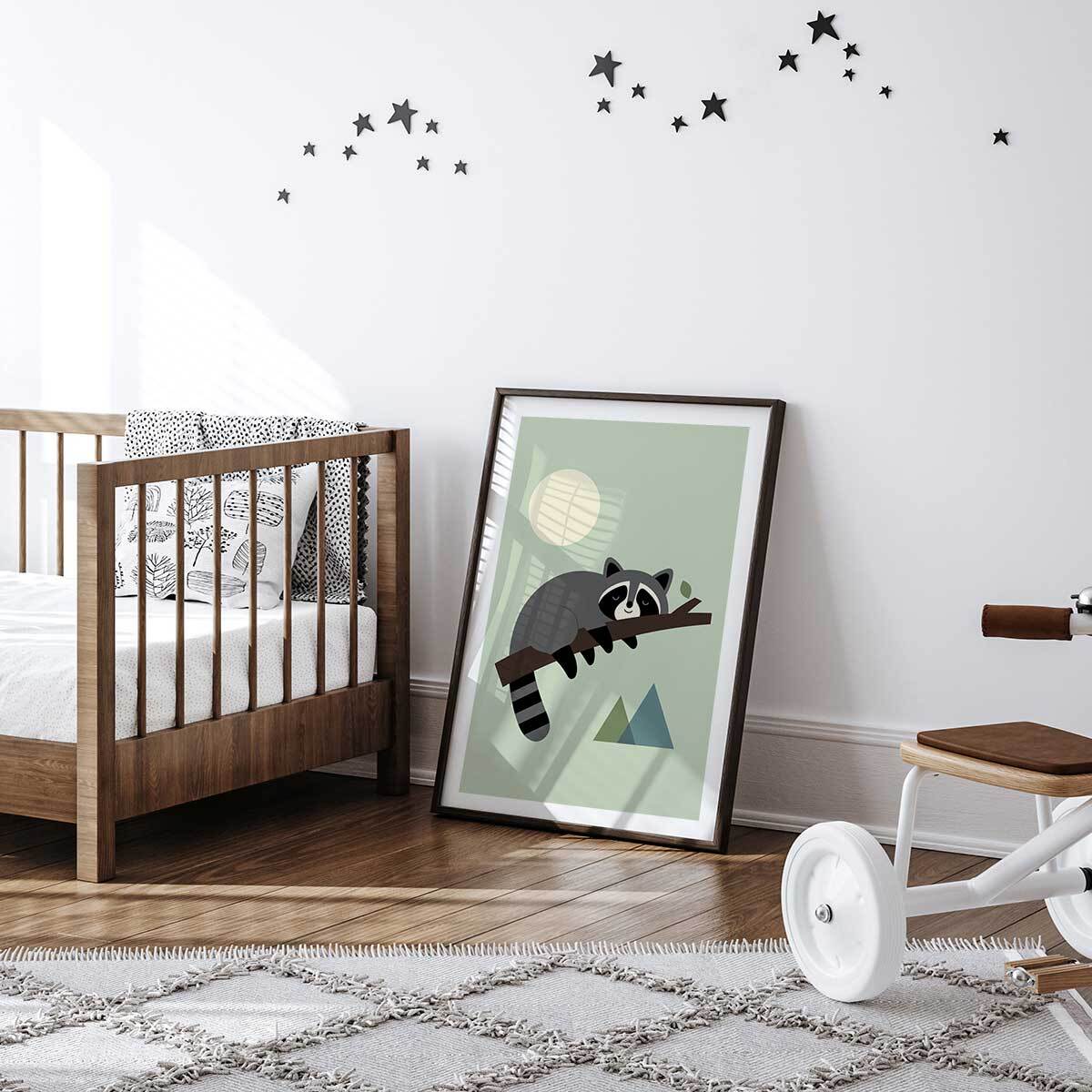 Affiche enfant raton sur sa branche  Affiche + cadre en bois - Noir