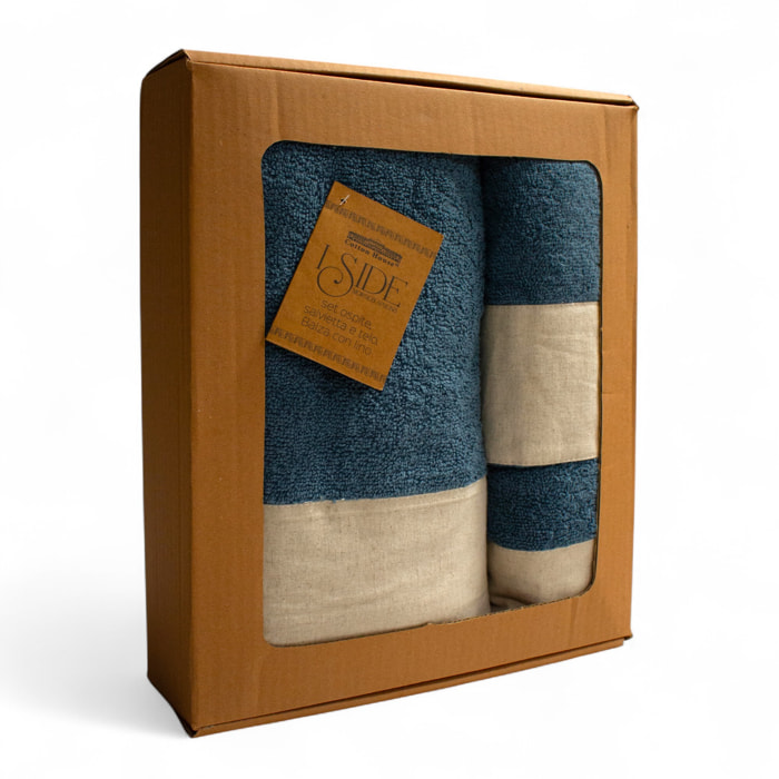 SET VISO, MANI E CORPO SPUGNA BLU ARAZZO CON BALZA IN LINO