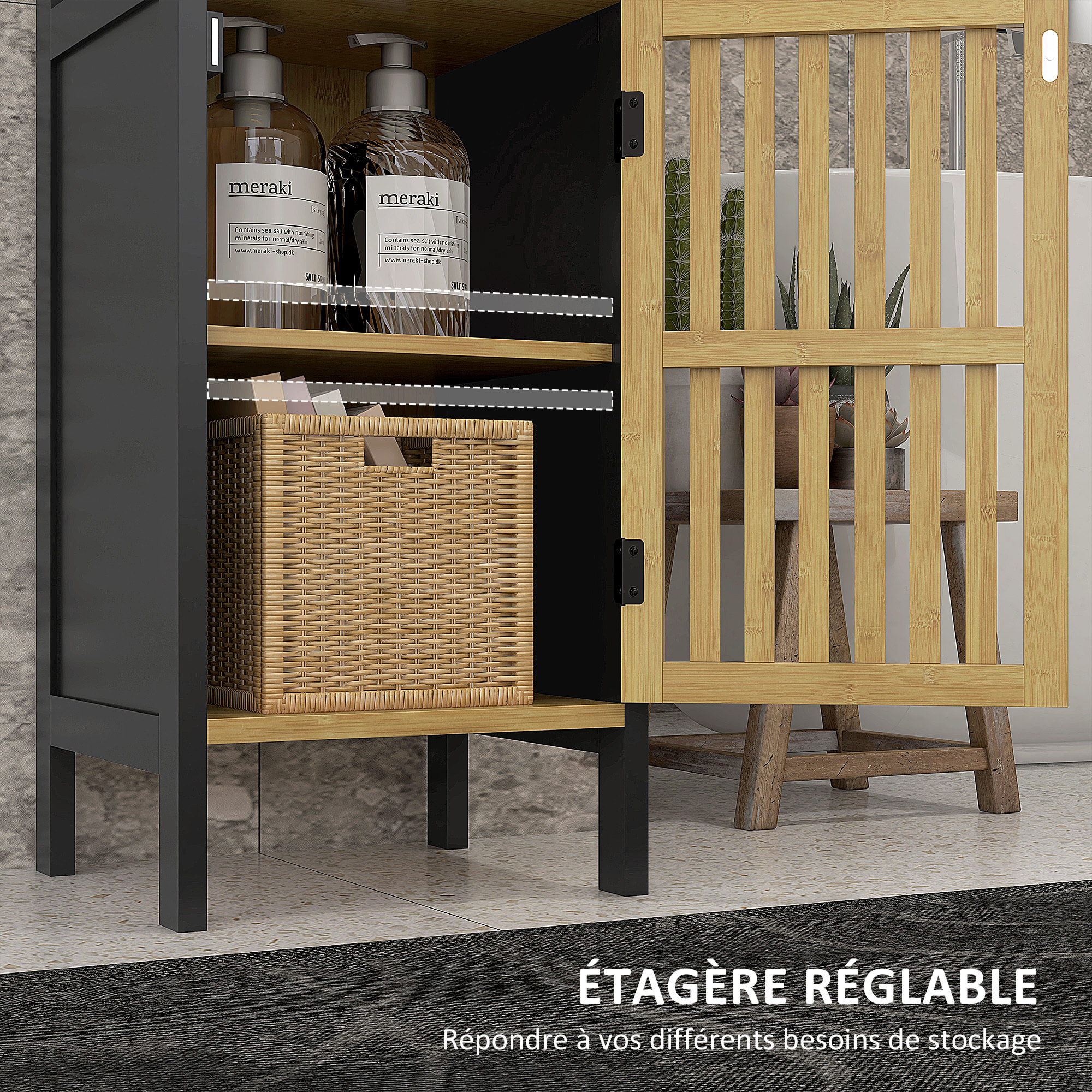 Meuble bas salle de bain - porte, 3 étagères - MDF noir bambou verni