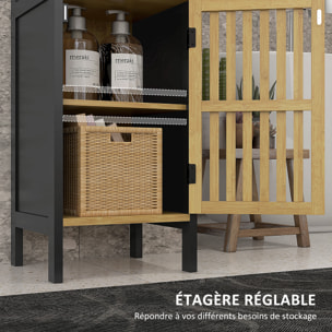 Meuble bas salle de bain - porte, 3 étagères - MDF noir bambou verni