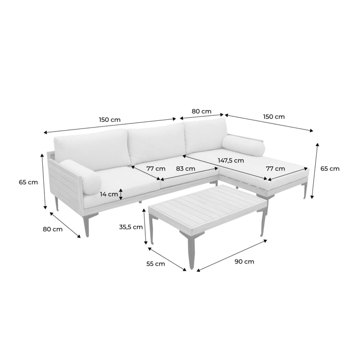 Salon de jardin 3 places JALISCO en bois d'acacia et aluminium. coussins beiges en polyester