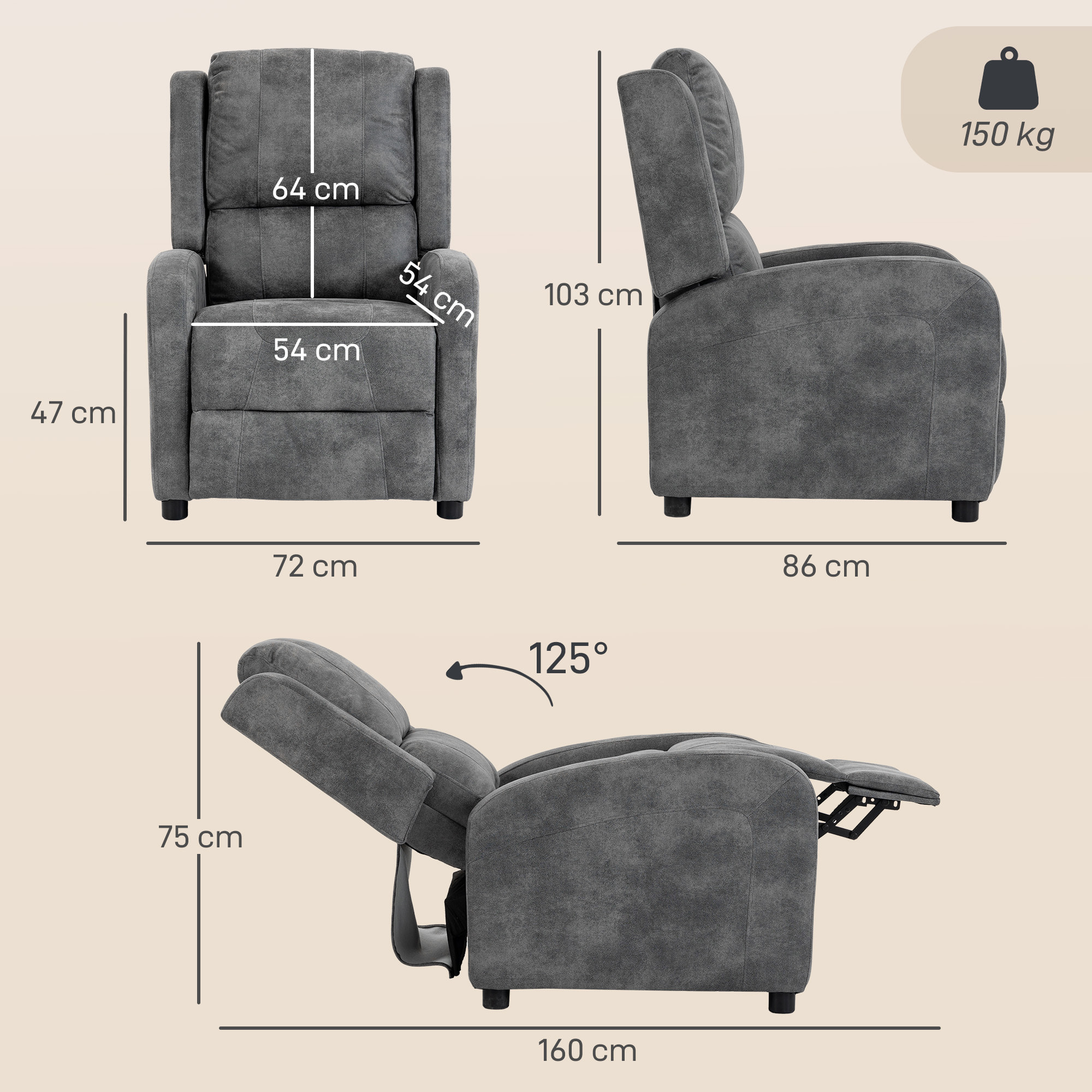 HOMCOM Sillón Relax Reclinable, Sillón Reclinable Manual, Tapizado en Cuero Sintético, Instalación Rápida, Reposapiés, Muelles Ensacados y Acolchado Grueso, para Salón, Dormitorio, Oficina, Gris