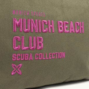 Bolso Shopper Caqui de Algodón Reciclado con Flecos y Bordado Rosa SCUBA KHAKI SHOPPER