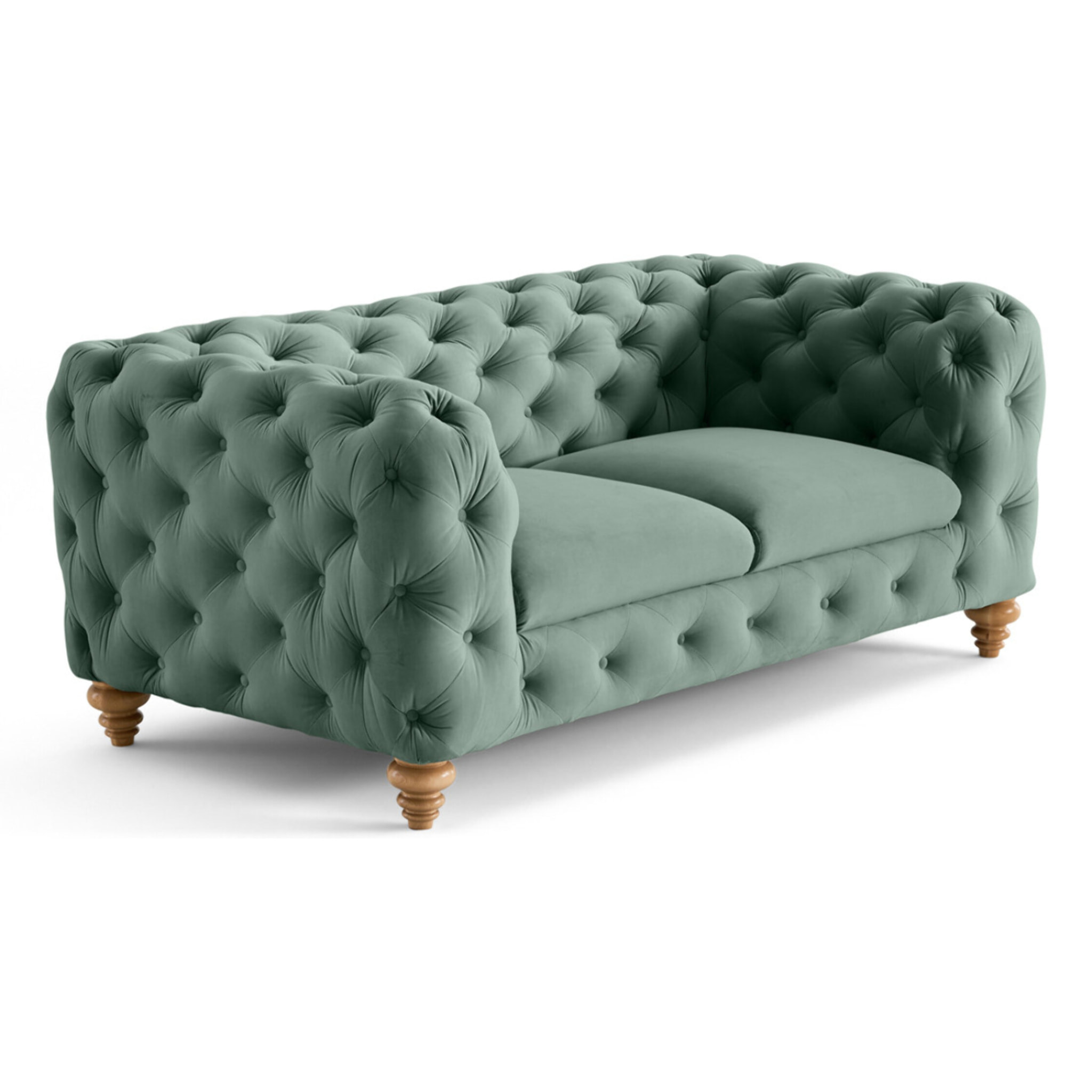 Walter - canapé 2 places chesterfield en velours - pieds bois - Bleu