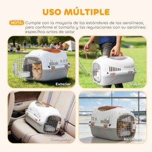 Transportín para Gatos y Perros Pequeños, Caja de Transporte de Plástico, Carga 4 kg, con Claraboya, Cuenco, Puerta de Acero, Cerradura Triple, Base Elevada, 49x32x31 cm, Gris Claro
