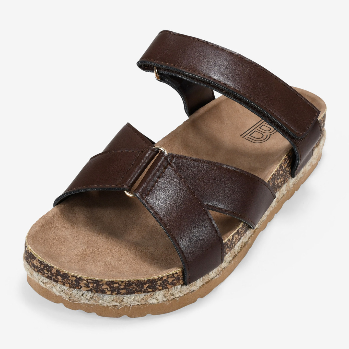 Sandalias planas marrones con suela de corcho y esparto