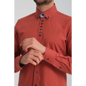Camicia Uomo 1 Bottoni Button Down Slim Popeline Stretch Unito Rosso Mattone