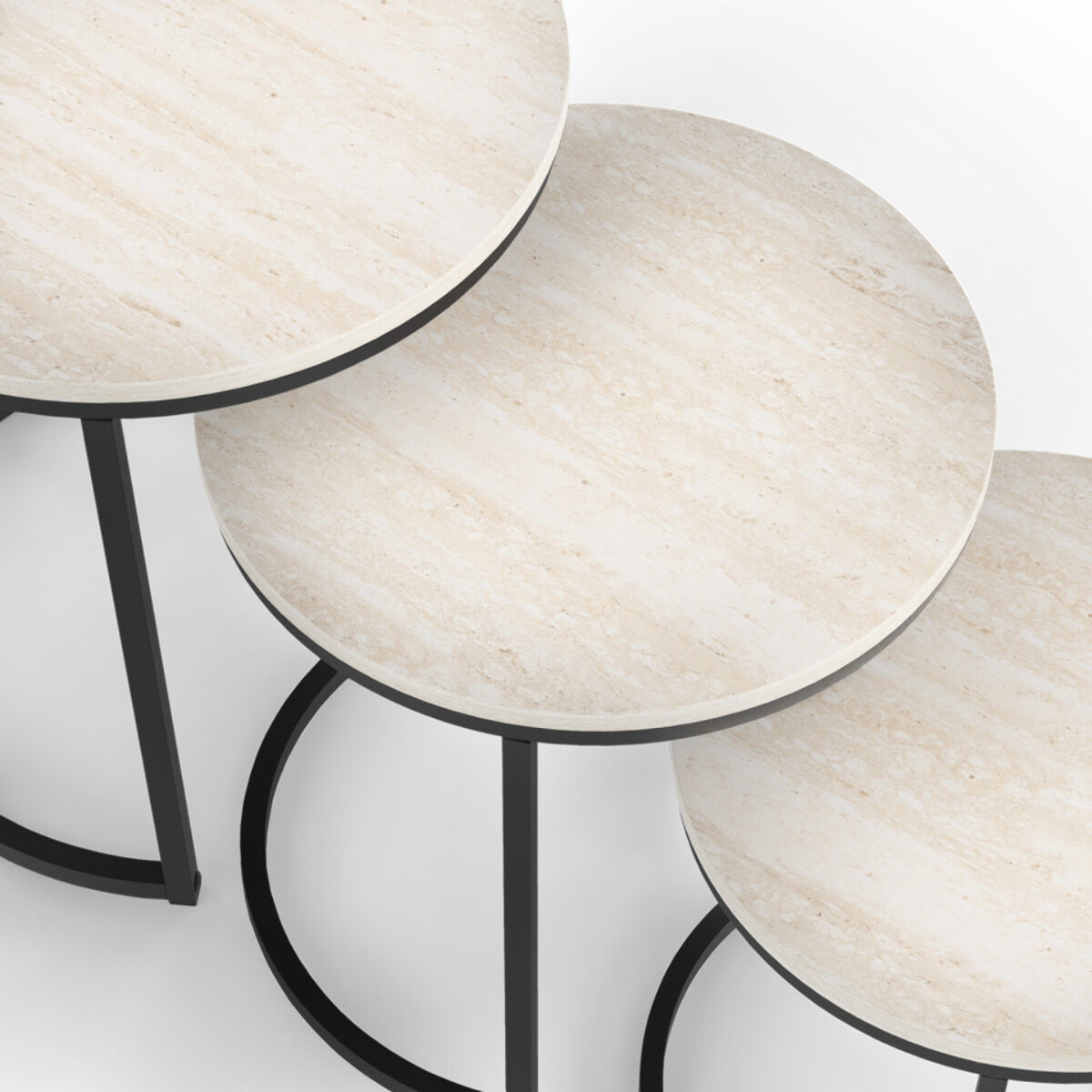 Tables basses gigognes Memphis effet travertin et pieds noirs - lot de 3