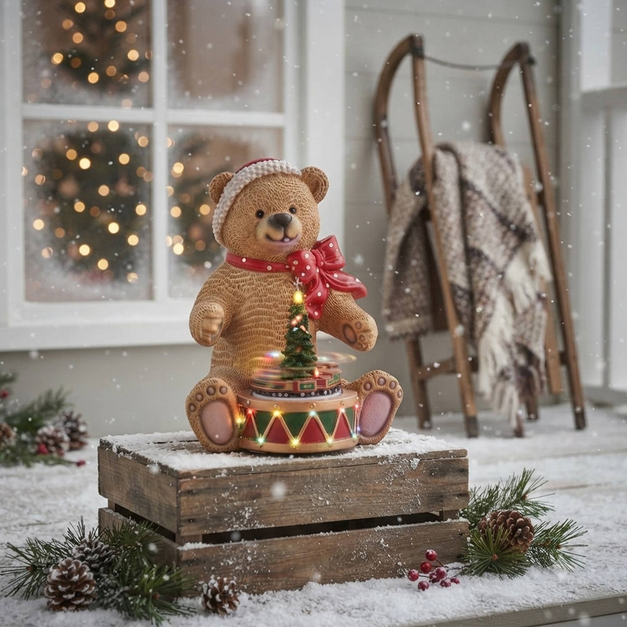 Oso navideño decorativo con tambor, luces led, movimiento y música con 8 villancicos, con usb incluido 19x19x25 cm