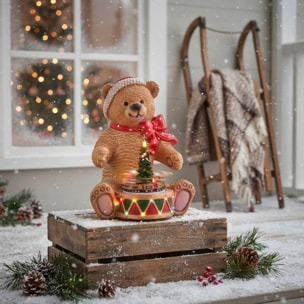Oso navideño decorativo con tambor, luces led, movimiento y música con 8 villancicos, con usb incluido 19x19x25 cm