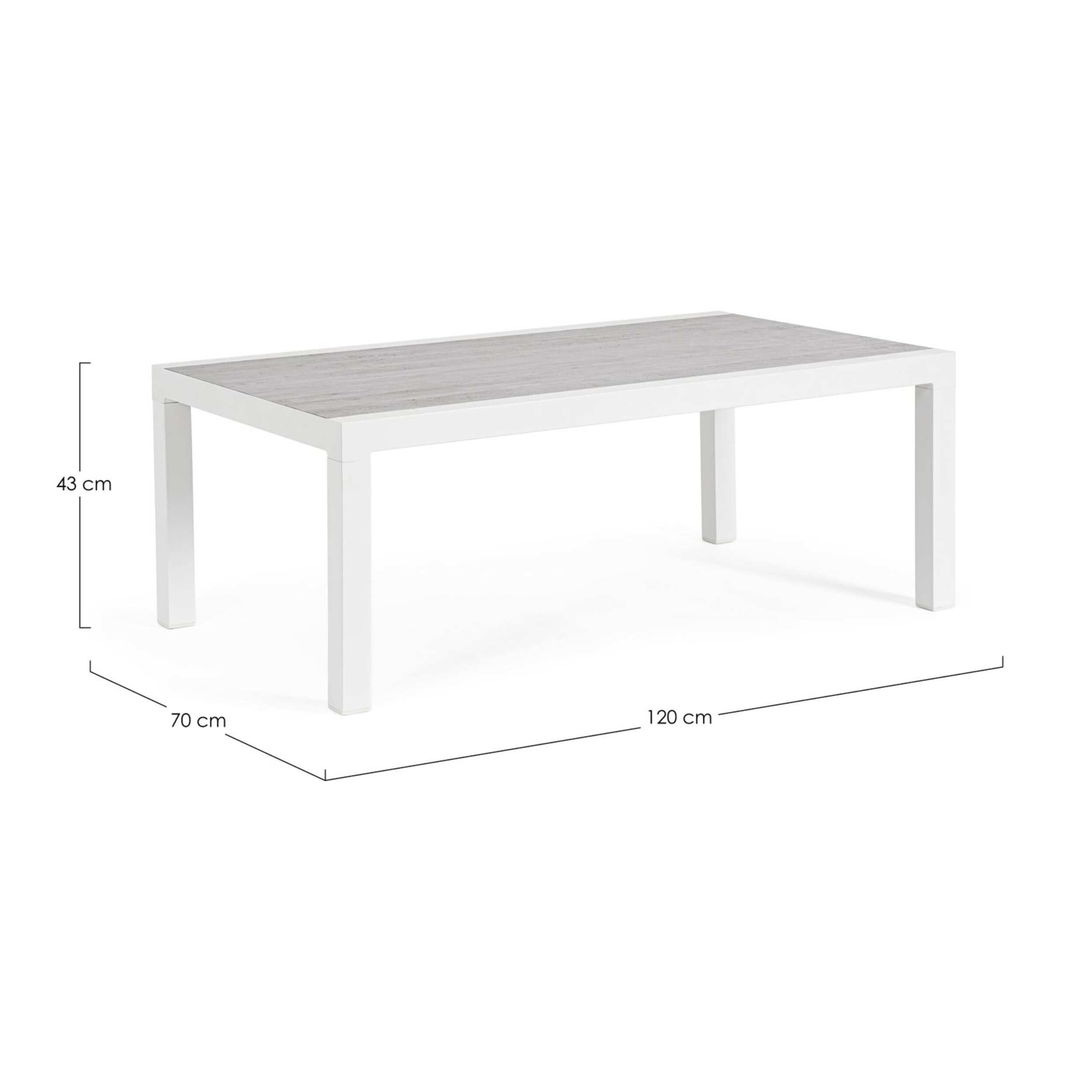Tavolino da giardino OVIEDO con piano in ceramica e struttura in alluminio bianco, 120×70 cm