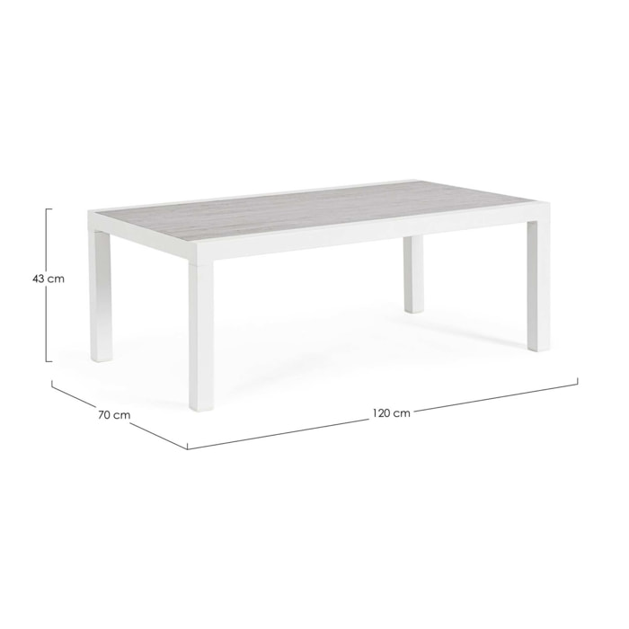Tavolino da giardino OVIEDO con piano in ceramica e struttura in alluminio bianco, 120×70 cm