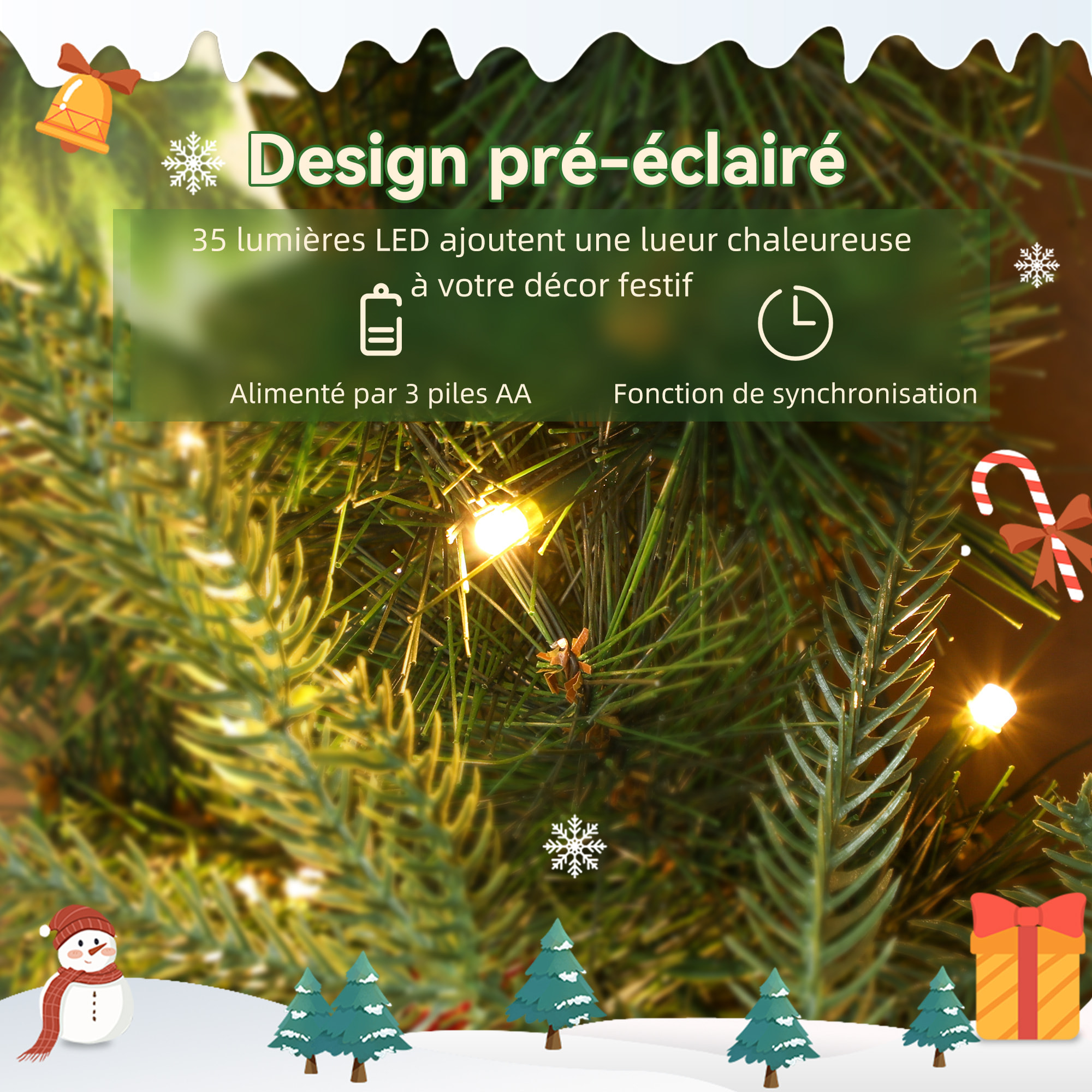 Couronne de Noël LED x 35 blanc chaud dia. 60 cm timer pommes de pin baies rouges feuilles houx