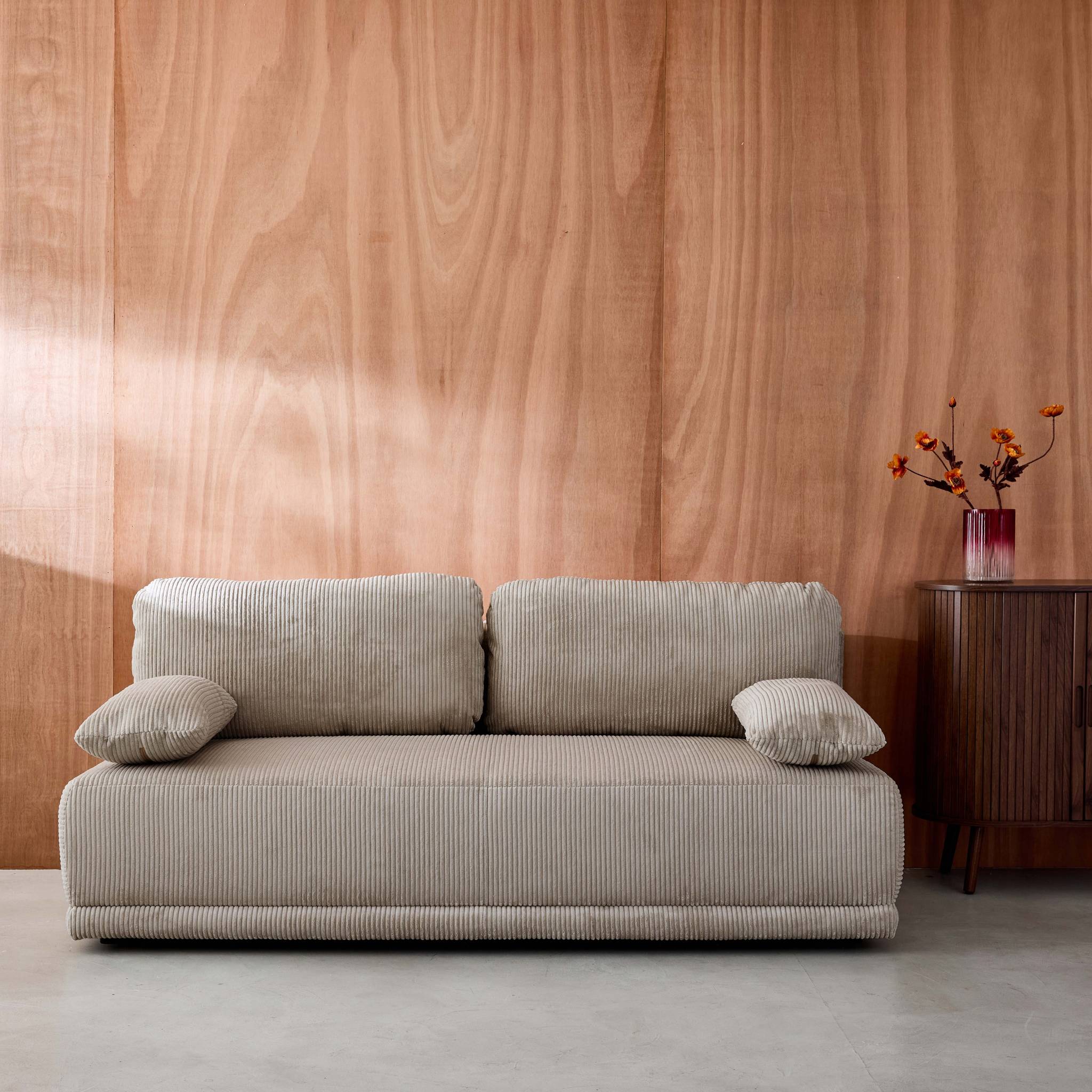 Banquette convertible 3 places velours côtelé taupe avec coffre de rangement - L 192 x P 100 x H 81cm -Nelson