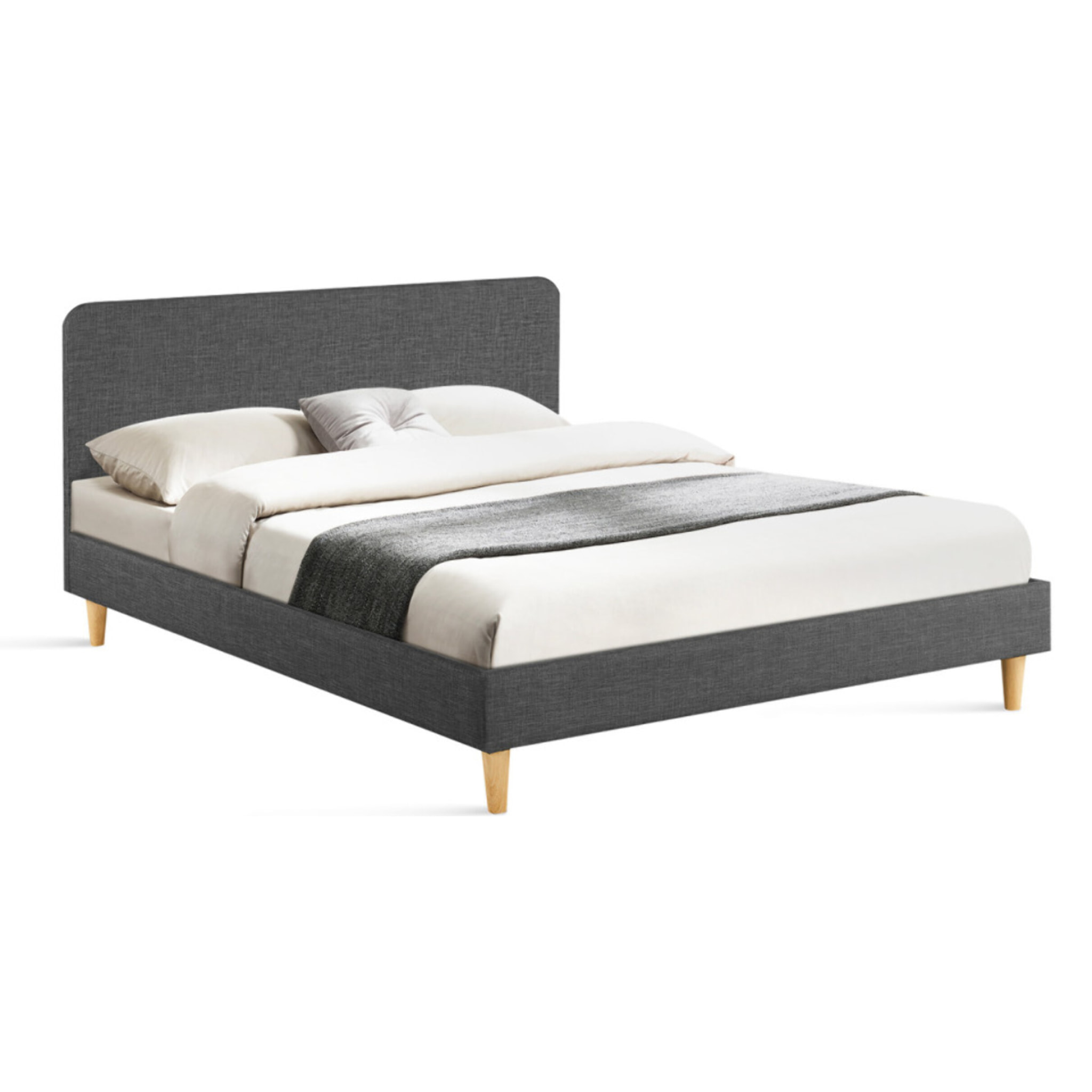 Lit double bois Evy - Gris - Tissu