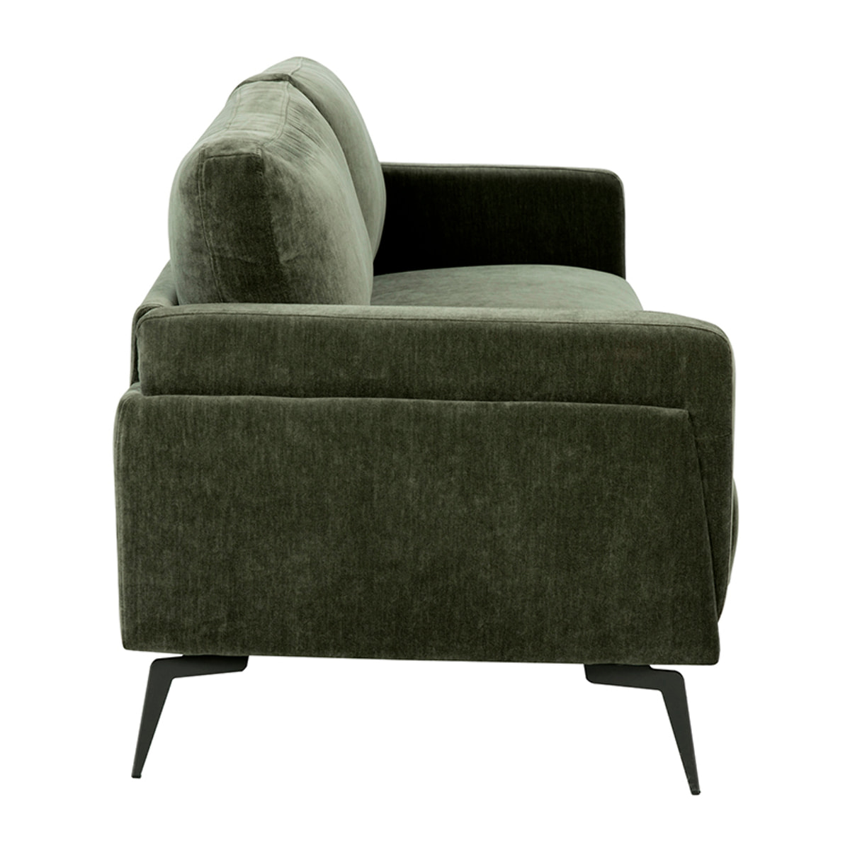 Canapé design 3 places en tissu effet velours vert kaki et métal noir MOSCO