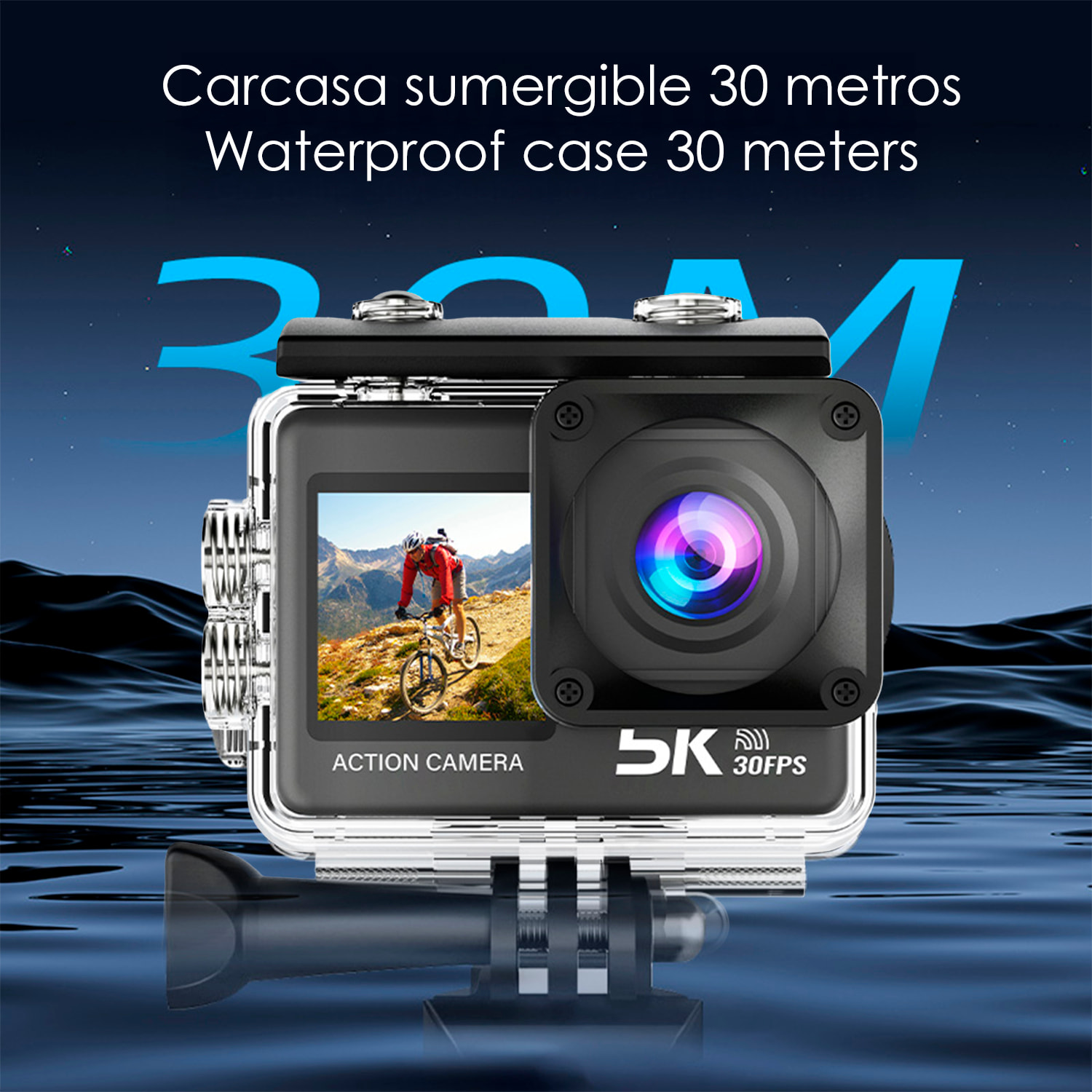 Cámara Deportiva M60 TR 5k 30fps con 47,5 mpx, doble pantalla de 2" y 1.3", estabilizador de imagen, multitud de accesorios y WIFI.