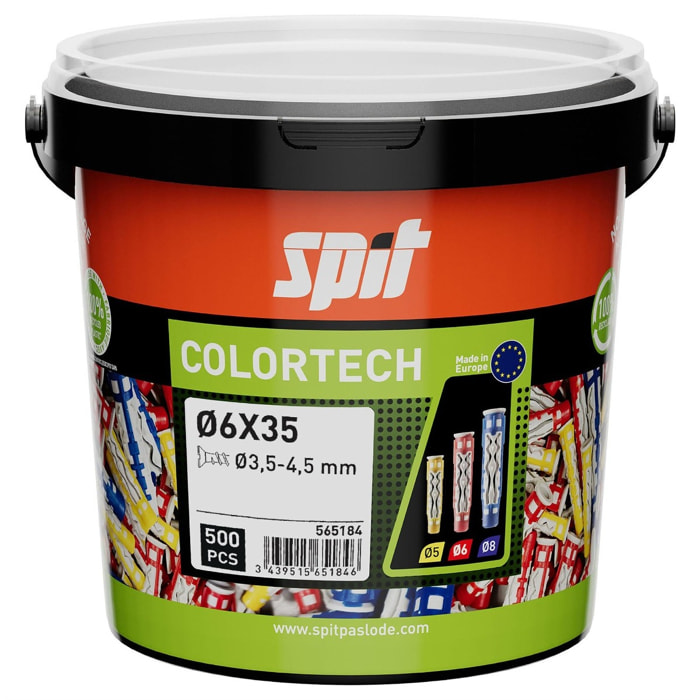 Cheville bi-matière universelle Colortech - 6 x 35 mm - Sans vis - Seau de 500 pièces - SPIT - 565184