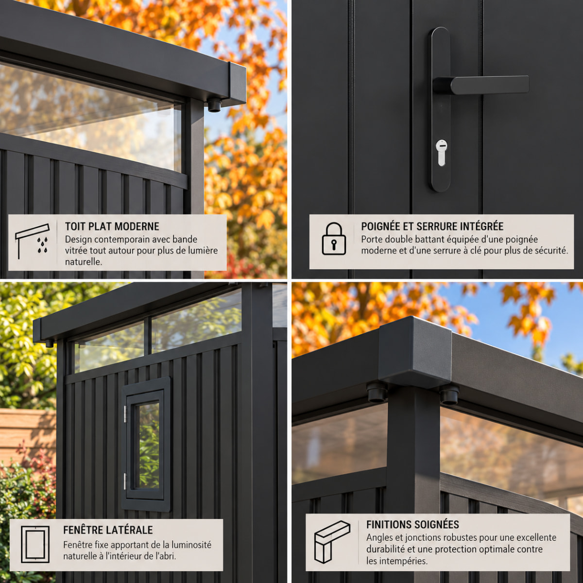 Abri de jardin métal anthracite 5.71 m² toit plat + kit d'ancrage