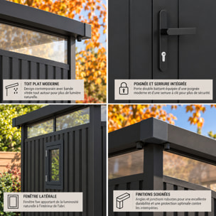 Abri de jardin métal anthracite 5.71 m² toit plat + kit d'ancrage