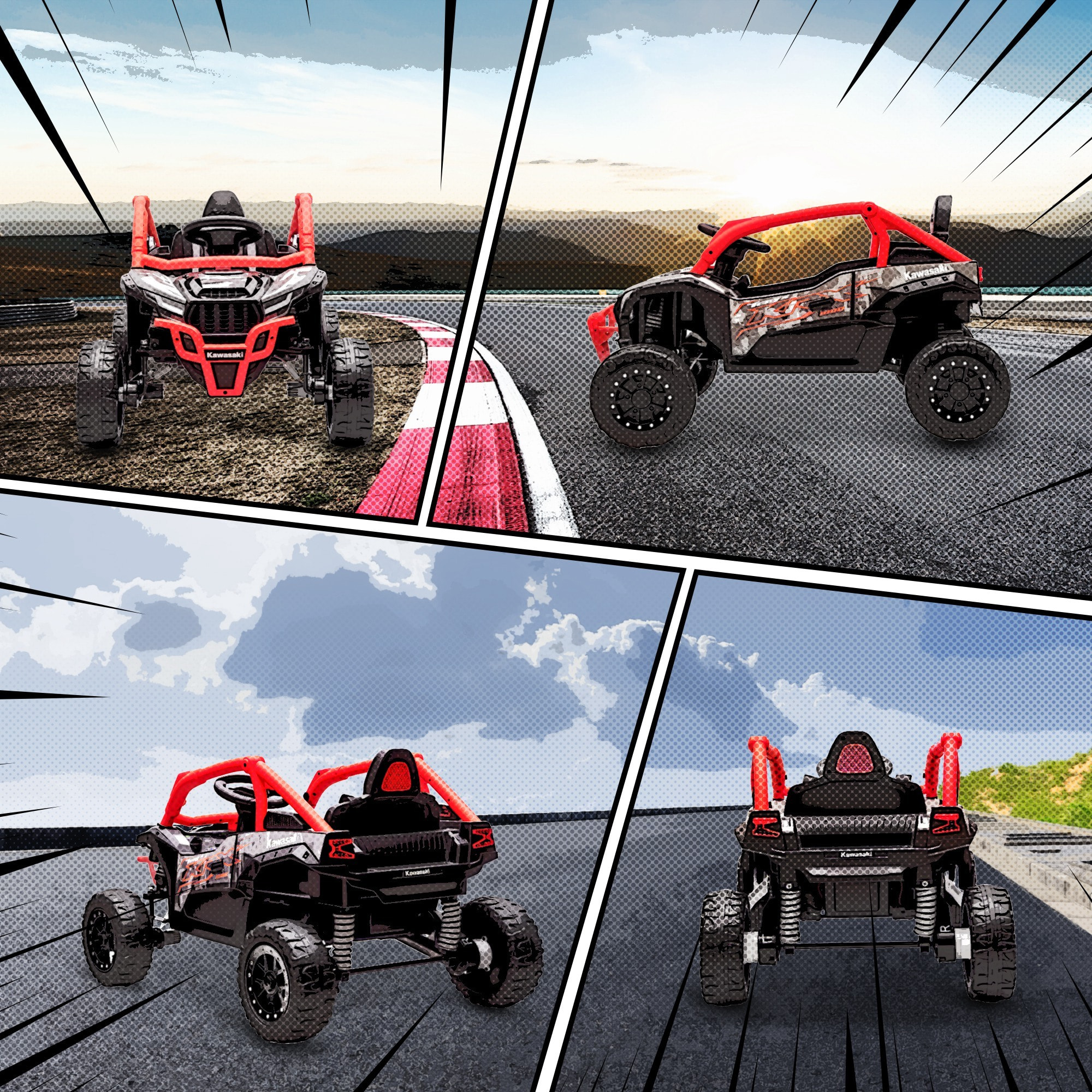 Coche Eléctrico para Niños 12V, Kawasaki Teryx KRX 1000, Coche de Batería UTV con 2 Motores, Control Remoto 2,4G, Suspensión Trasera, Faros, USB, para Niños de +3 Años, Rojo