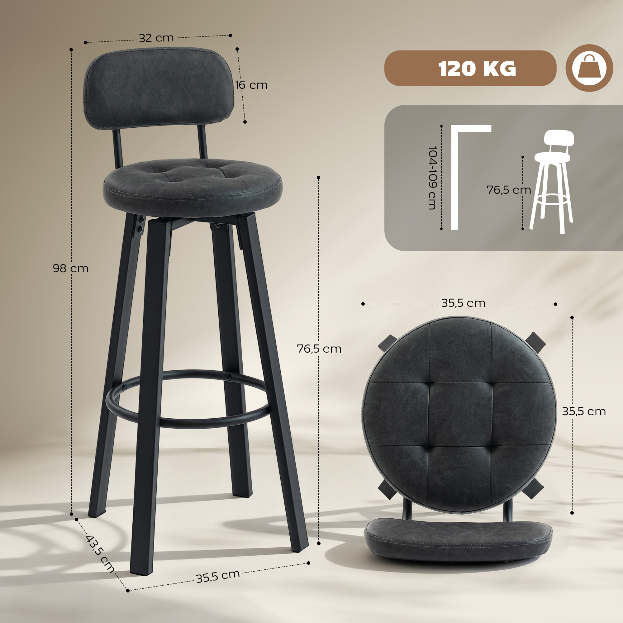 Juego de 2 Taburetes de Bar, Taburetes Altos de Cocina Giratorios, Tapizados de PU, con Respaldo, Marco de Metal, Reposapiés, Asiento de 76,5 cm de Altura, Gris Oscuro