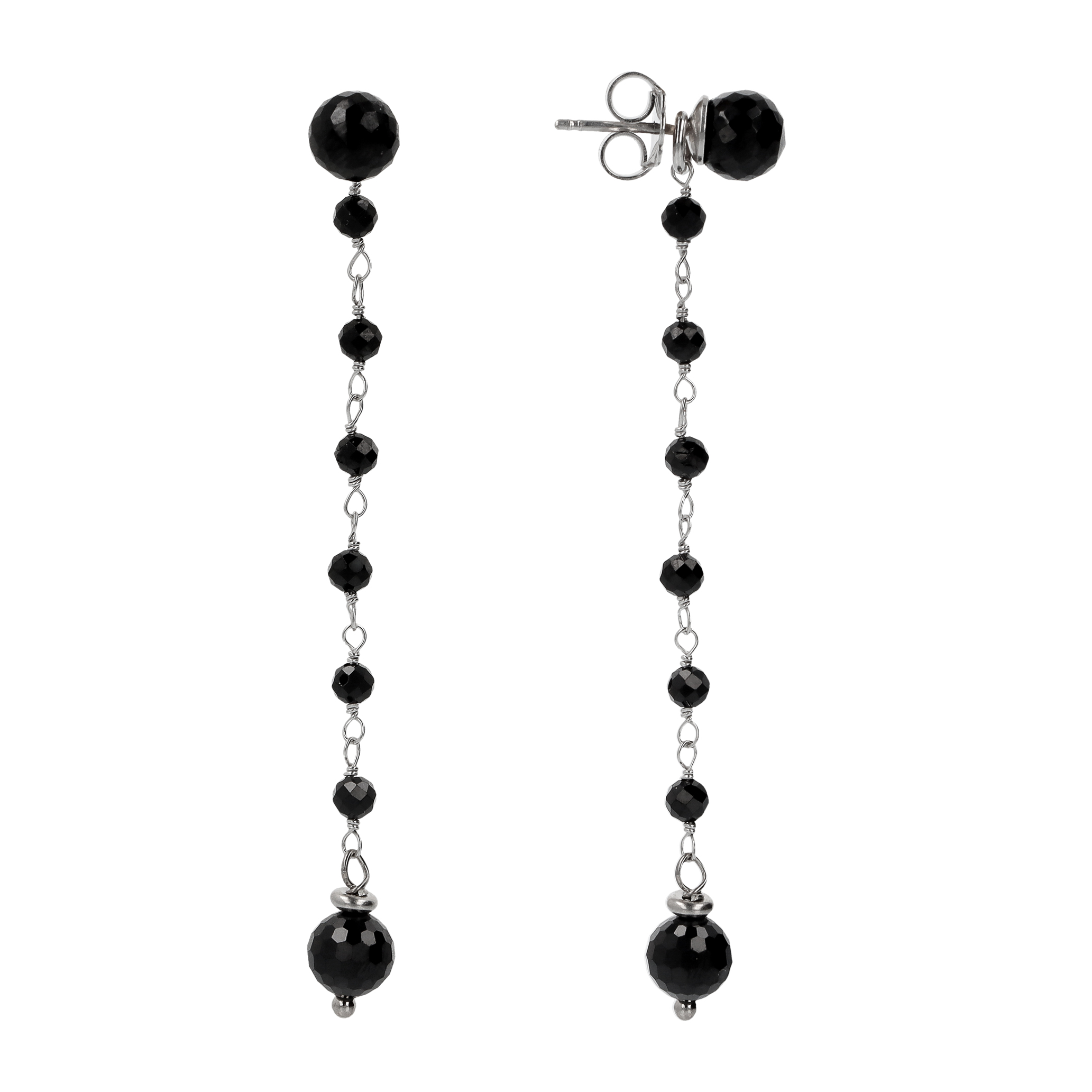 Orecchini Rosario Pendenti a Filo con Pietra Naturale Spinello Nero in Argento 925 placcato Oro bianco 18Kt