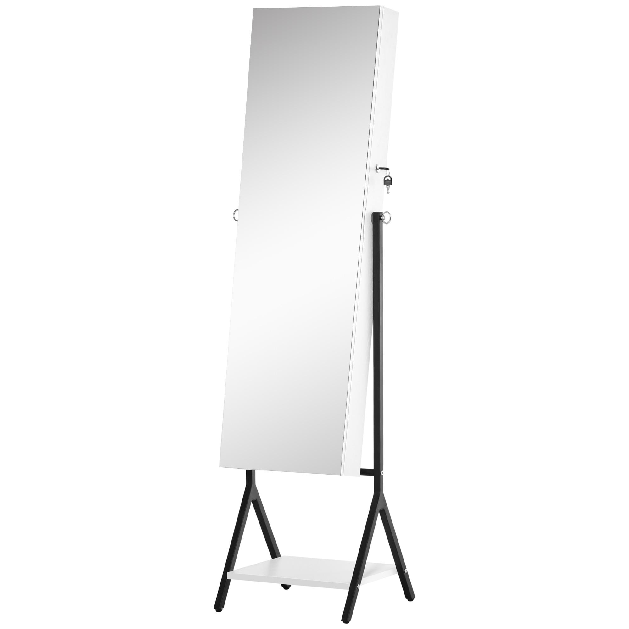 HOMCOM Espejo Joyero de Pie Cuerpo Entero Ajustable en Ángulo Armario de Joyería con Estante Inferior Cerradura Magnética Ranuras y Cajas para Joyas 47x36x157 cm Blanco y Negro