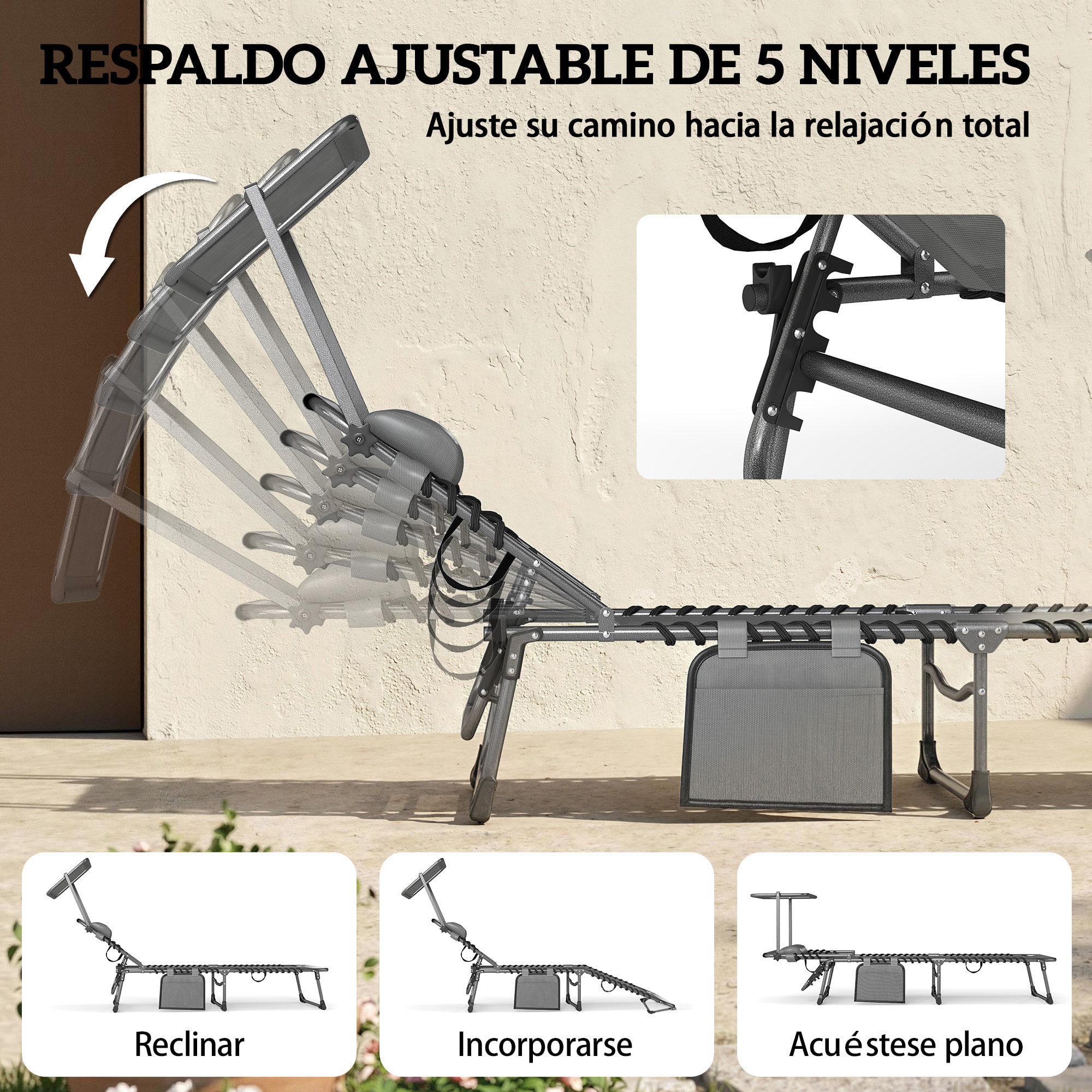 Set de 2 Tumbonas Jardín Exterior, Tumbonas Plegables con Reposacabezas, Parasol y Bolsillo Lateral, Respaldo Reclinable 5 Posiciones y Asiento Malla Transpirable para Playa, Piscina, Gris