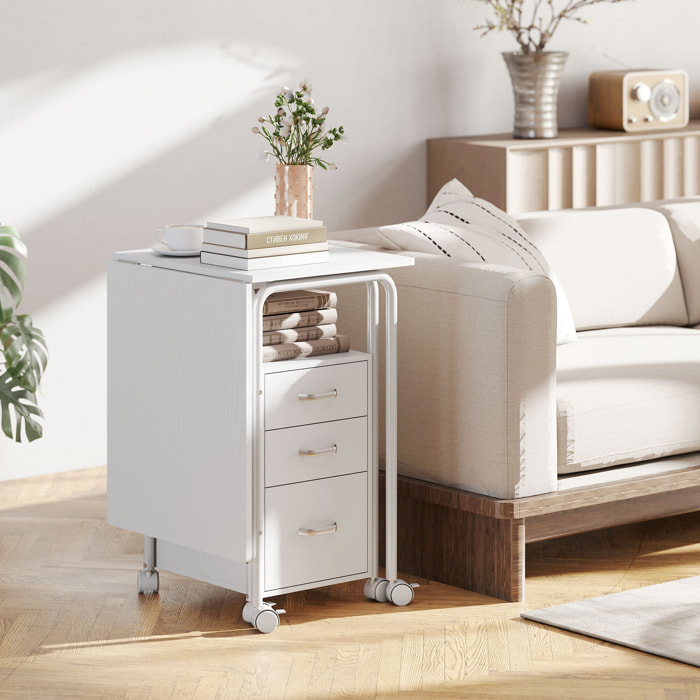 Bureau pliable sur roulettes avec rangement 3 tiroirs dim. totales 105x51x75,5cm métal effet bois blanc