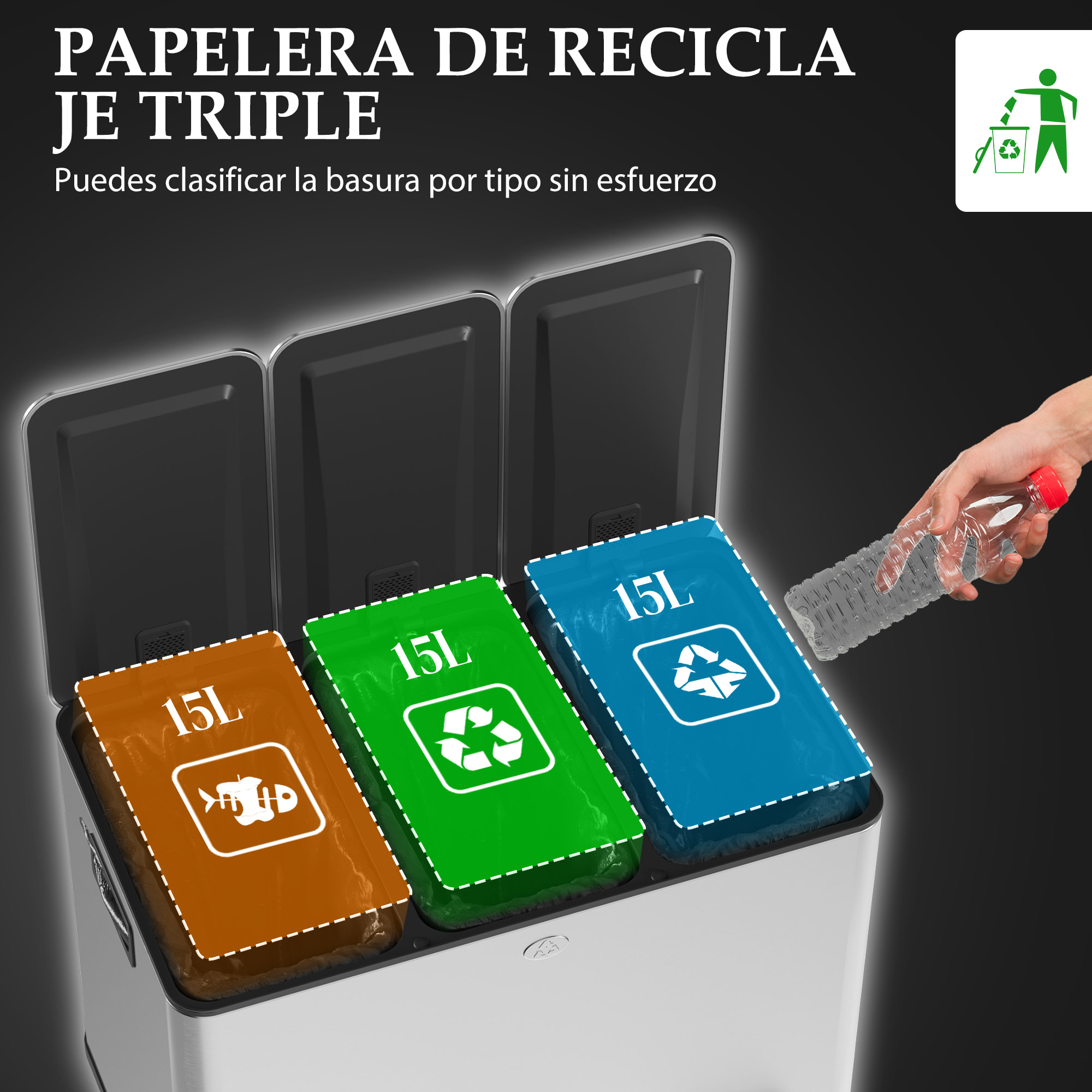 Cubo de Basura de Cocina con 3 Compartimentos 3x15L Papelera de Cocina de Acero Inoxidable con Pedales Tapas de Cierre Suave y Cubo Extraíble para Reciclaje Residuos Restos de Comida Plata