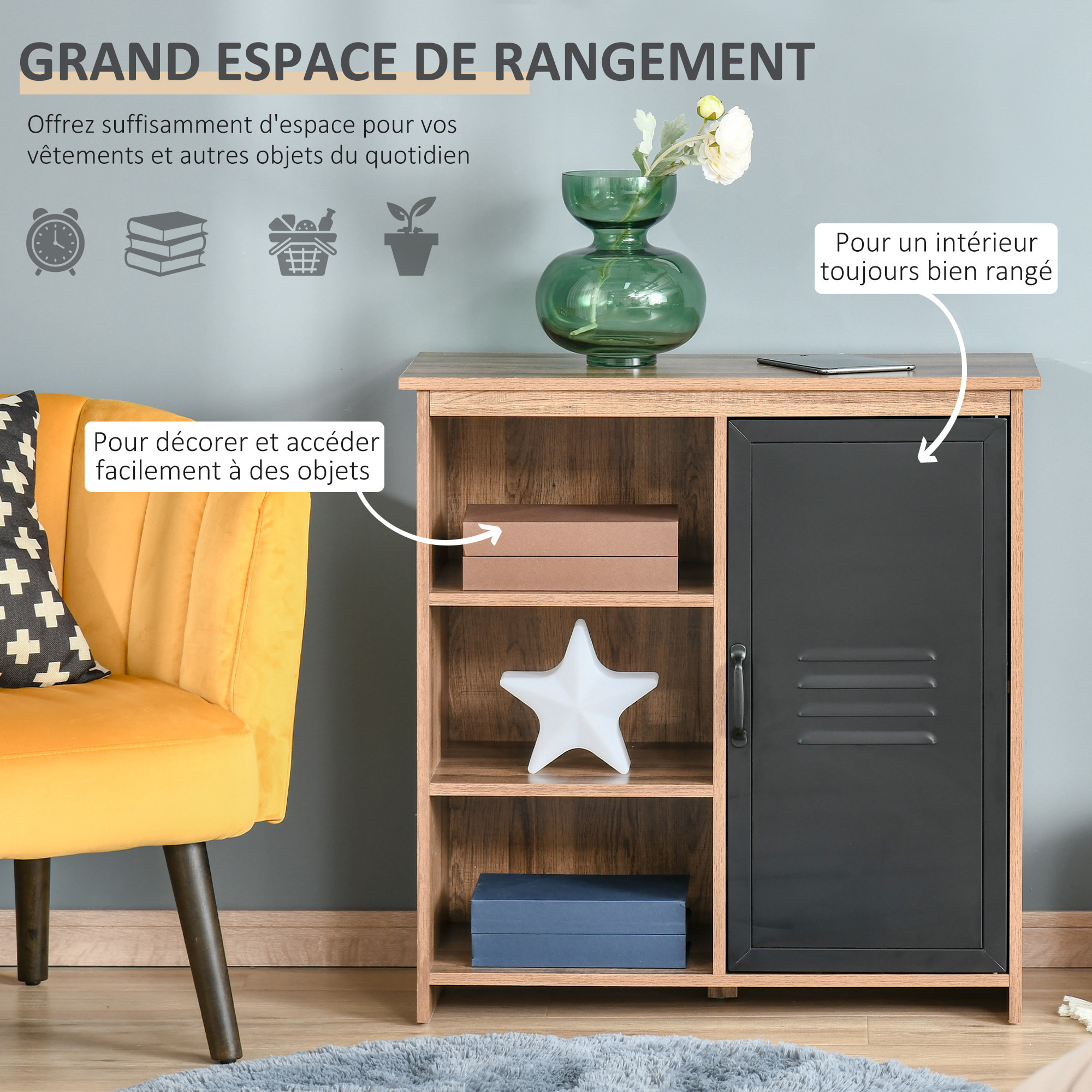 Buffet design industriel - meuble de rangement 3 niches placard - effet bois métal noir