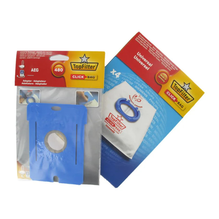 Boite de 4 sacs aspirateurs universels Top Filter avec Adaptateur Click Bag pour aspirateurs AEG 480