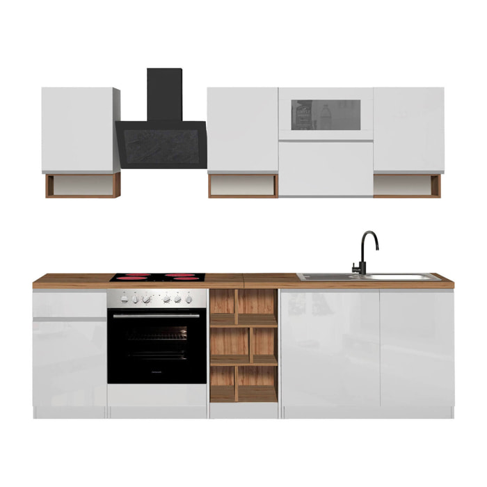 Cucina completa Attiko, Set con dispensa, Mobile per cucinotto, Kit blocco lineare, 100% Made in Italy, 255x60h85 cm, Bianco lucido e Rovere