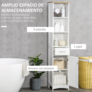 kleankin Armario de Baño con 1 Cajón 1 Puerta 3 Estantes Abiertos y Balda Interior Ajustable Mueble Auxiliar de Almacenaje para Salón Aseo Dormitorio 34x30x163 cm Blanco