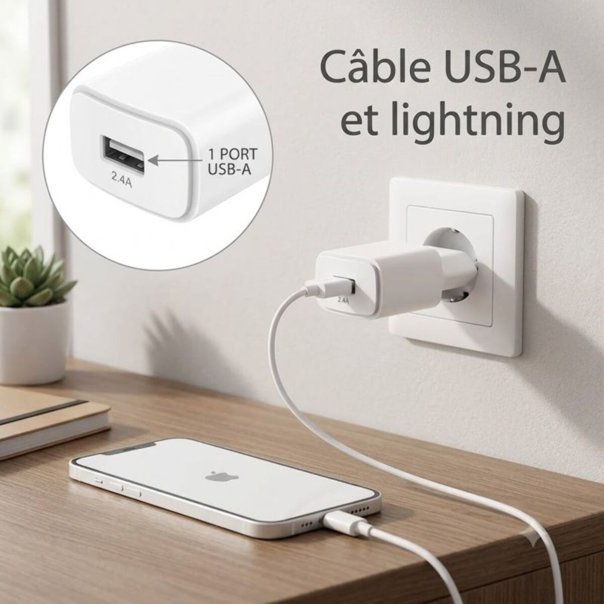 Chargeur + câble ESSENTIELB 12W USB-A + Câble lightning 1M Blanc compatible iPhone 17 16 15 Pro Max et Samsung Galaxy