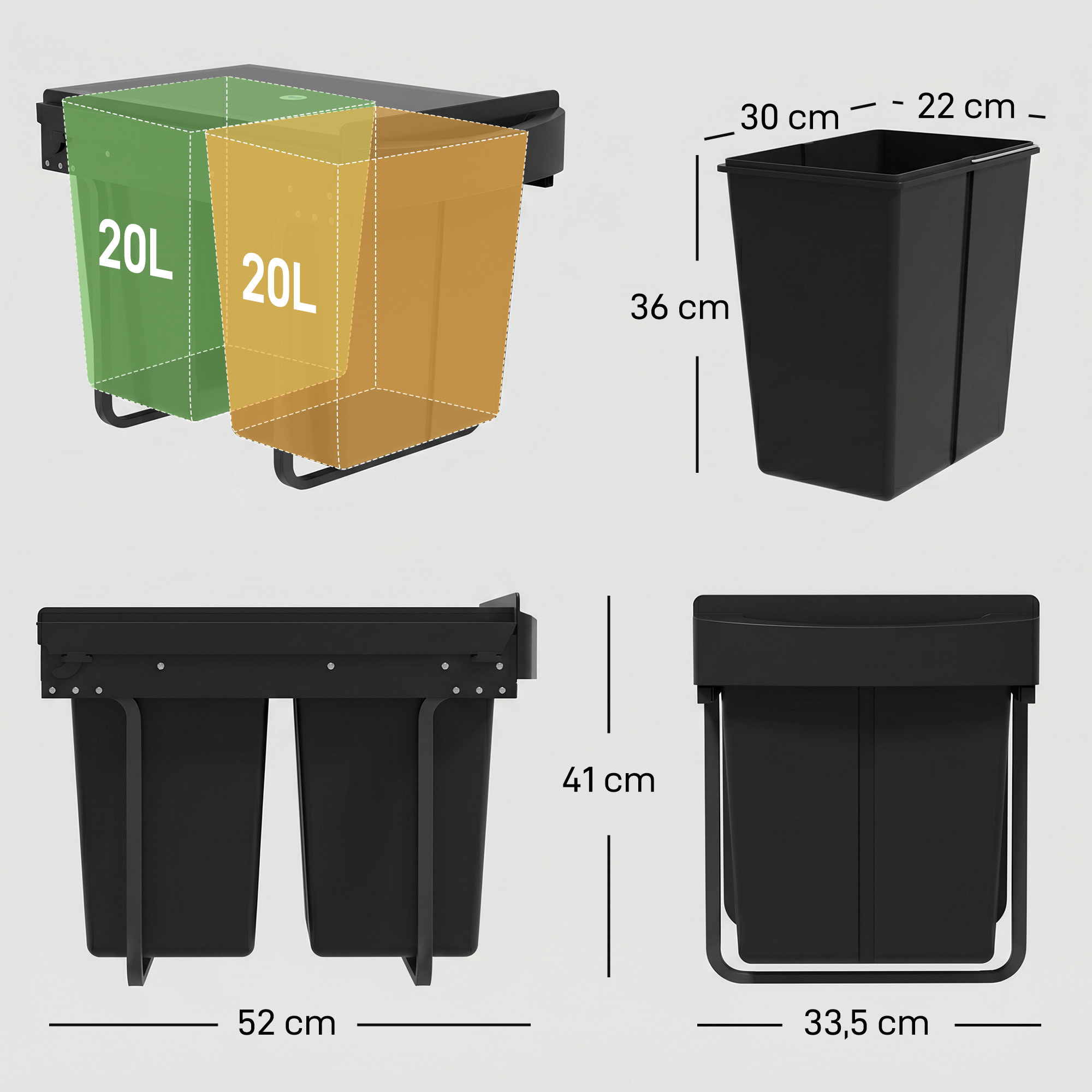 Poubelle de tri coulissante - 2 bacs amovibles avec poignée - 2 x 20L - métal PP noir