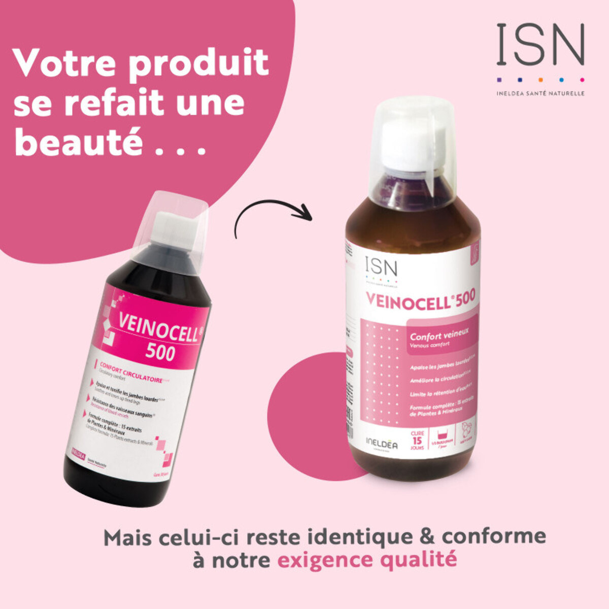 ISN - Veinocell® 500 - Complément alimentaire à base de plantes, minéraux - Vigne Rouge, Hamamélis, Mélilot - Confort circulatoire - Limite la rétention d'eau - Lot de 3 Flacons