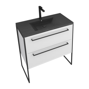 Meuble de salle de bain 80x50cm Blanc - 2 tiroirs blanc - vasque resine noire effet pierre