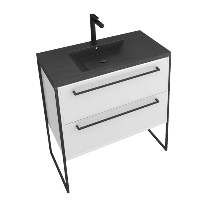 Meuble de salle de bain 80x50cm Blanc - 2 tiroirs blanc - vasque resine noire effet pierre