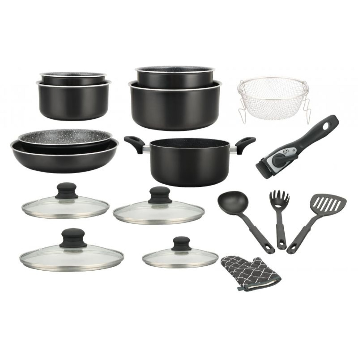 Batterie de cuisine revêtement pierre avec manche amovible 17 pièces noir Herzberg  HG8055-BLK