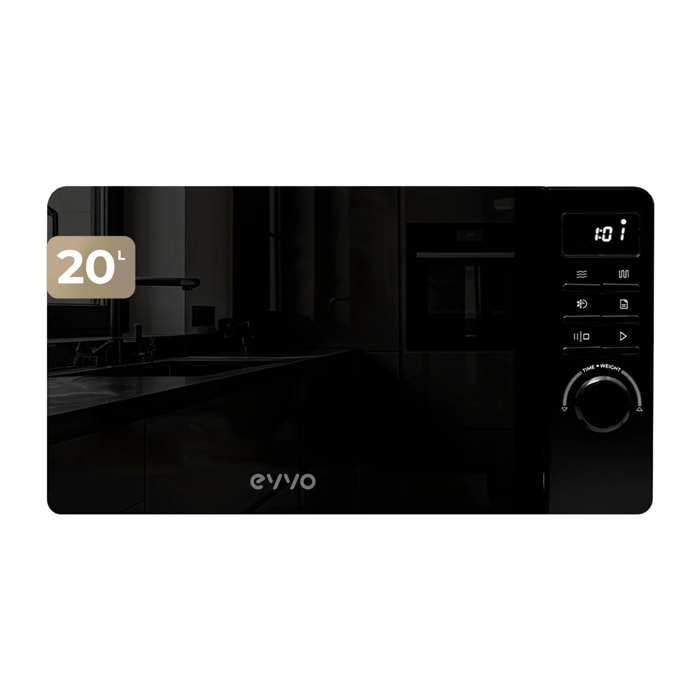 EVVO Microondas M20 Black, 20L de Capacidad, Grill 800W, Puerta Efecto Espejo, Multifunción, Función Descongelar, Temporizador 60 Minutos,Display Digital (Acabado Negro)