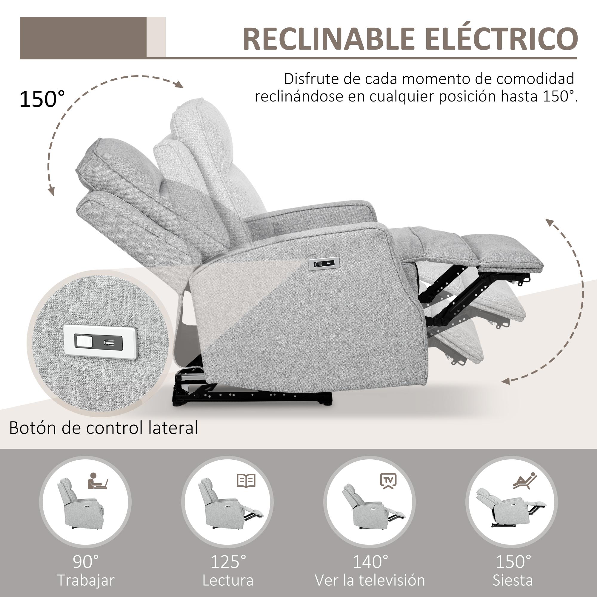 HOMCOM Sillón Reclinable Eléctrico Sillón Relax de Salón con Reclinación hasta 150° Reposabrazos y USB Carga 136 kg Sofá Reclinable para Salón Oficina Dormitorio 84x92x104 cm Gris