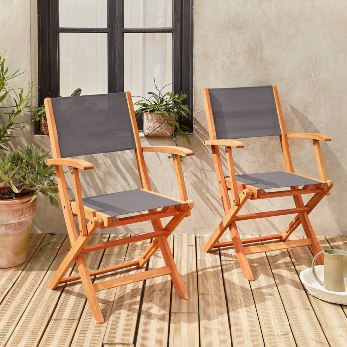 Fauteuils de jardin en bois et textilène - Almeria Gris anthracite - 2 fauteuils pliants en bois d'Eucalyptus huilé et textilène