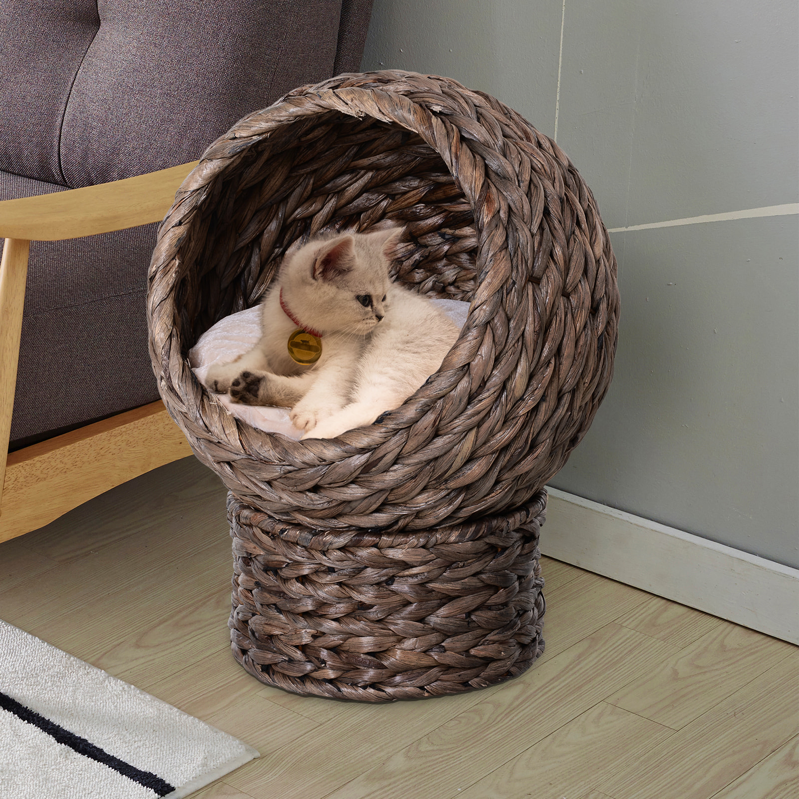 PawHut Panier chat lit chat cosy grand confort dim. 42L x 33l x 52H cm coloris gris coussin moelleux beige inclus