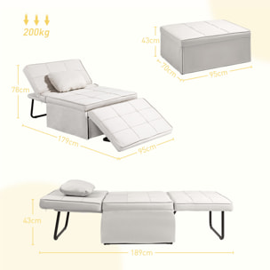 Sofá Cama Plegable 3 en 1 Sofá Cama de 1 Plaza Tapizado en Lino Sofá Cama Convertible con Respaldo Ajustable en 5 Posiciones Reposapiés y Reposacabezas Carga 200 kg Crema